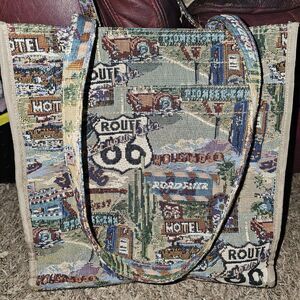 VINTAGE Route 66 Tapestry Tote Bag Womens Travel Carry-On Canvas